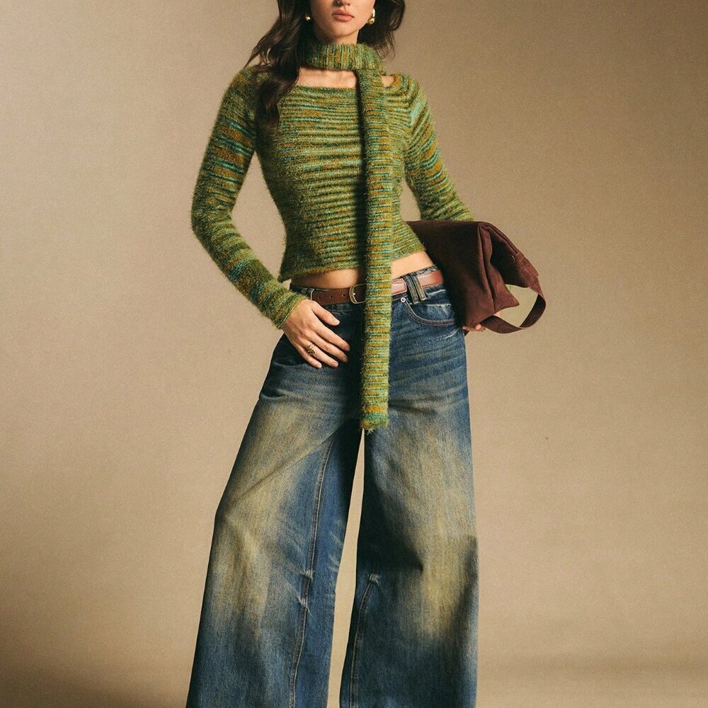 Green Casual Women Y2k Elastic Colorblock Sweater - Picture 3 of 7